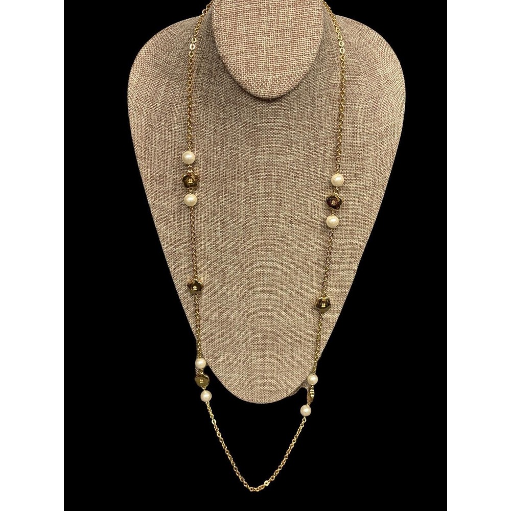 Givenchy Gold Tone Faux Pearl Flower Station Necklace 40 Inch Long Logo Charms - Picture 1 of 13